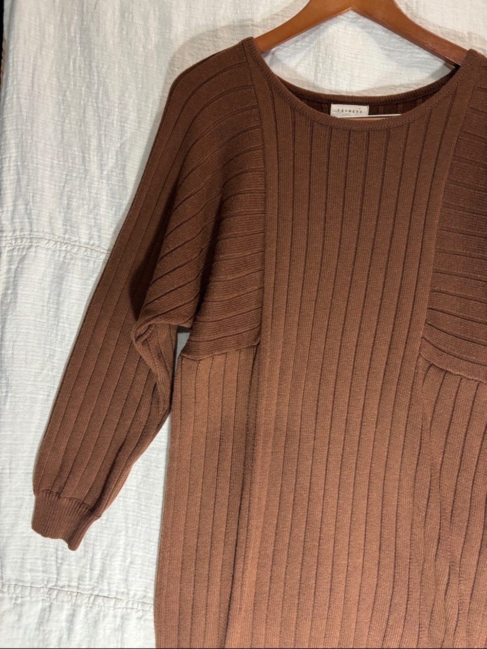 Promesa Ribbed Knit Long Sleeve Sweater Dress in Chestnut Wool Blend - Picture 5 of 7